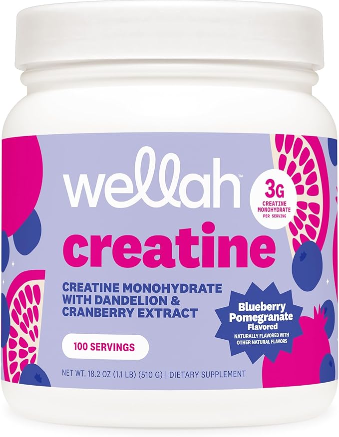 Wellah Creatine for Women - Creatine Monohydrate with Dandelion &amp Cranberry Extract (100 Servings Blueberry Pomegranate)
