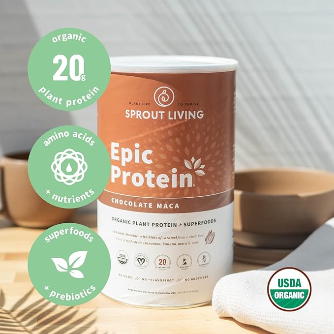 Sprout Living Epic Protein Bundle - Chocolate Maca &amp Vanilla Lucuma (20g Organic Plant-Based Protein Powder Vegan Gluten Free Superfoods) | 2lb 24 Servings