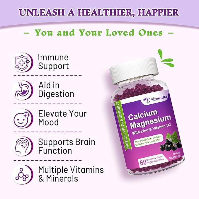 High Absorption Calcium Gummies Calcium Magnesium Zinc with Magnesium Glycinate Potassium Vitamin D3 for Women &amp Men- Blueberry Flavor 120 Cts