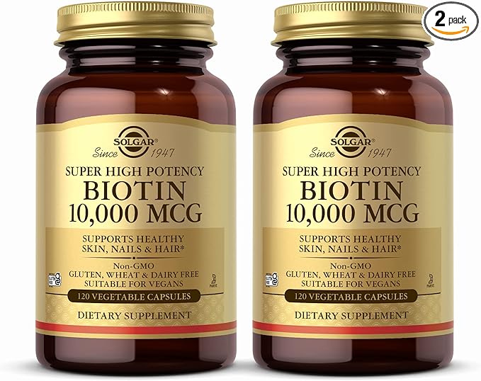 Solgar Super High Potency Biotin 10000 mcg - 120 Vegetable Capsules Pack of 2 - Supports Healthy Skin Nails &amp Hair - Non-GMO Vegan Gluten &amp Dairy Free - 240 Total Servings