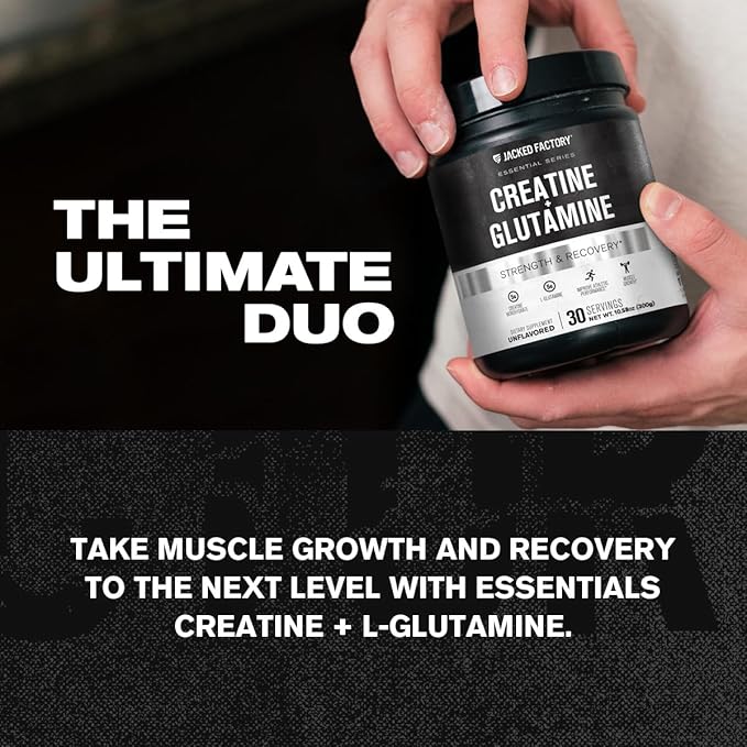 Jacked Factory Creatine + Glutamine - Creatine Supplement with L-Glutamine for Muscle Recovery Muscle Growth Increased Strength Enhanced Energy Output and Gut Health - 30 Servings Unflavored