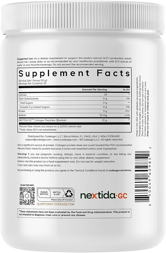 Codeage GLP-1 Collagen Powder Supplement - Nextida GC Collagen Peptides - GLP 1 Support - Hydrolyzed Grass-Fed Type I &amp III Unflavored - Non-GMO Gluten-Free Dairy-Free - 10.58 Oz