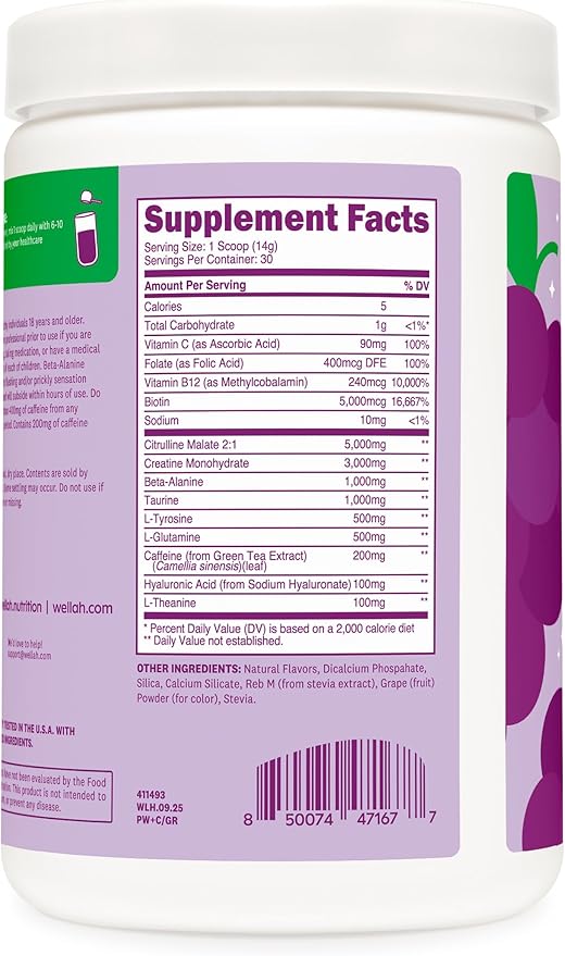 Wellah Pre-Workout + Creatine Powder (30 Servings) Grape - 200mg Caffeine 3g Creatine Monohydrate 5g Citrulline Malate Pre-Workout with Creatine Supplement
