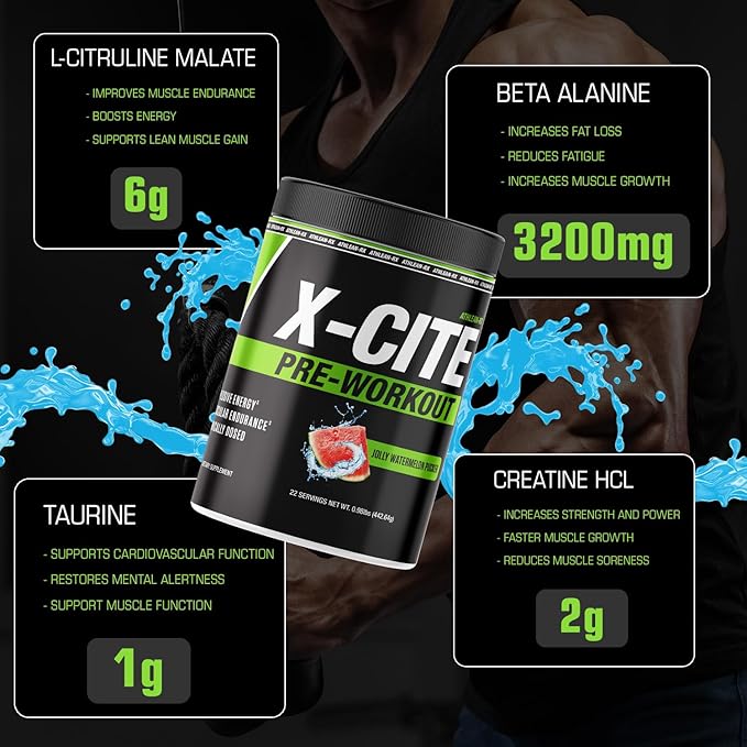ATHLEAN-X X-CITE Pre-Workout Supplement - Boost Energy Endurance and Focus with Natural Ingredients - Jolly Watermelon Pucker