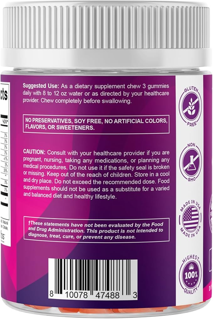Vitamatic Prebiotic Fiber Gummies for Adults 7G Extra Strength Zero Sugar Added 240 Pectin Based Gummies Digestive Health &amp Regularity Support