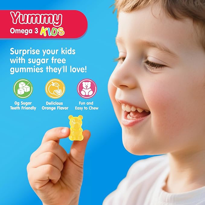 Kids Omega 3 Gummies + Calcium 400mg + Vitamin D3 K2 + C Omega-3 DHA &amp EPA Supplement - No Fish Burps No Sugar - Kids &amp Teens Omḛga 3 + Multivitamin Gummy for Strong Bones Brain Immune Ey