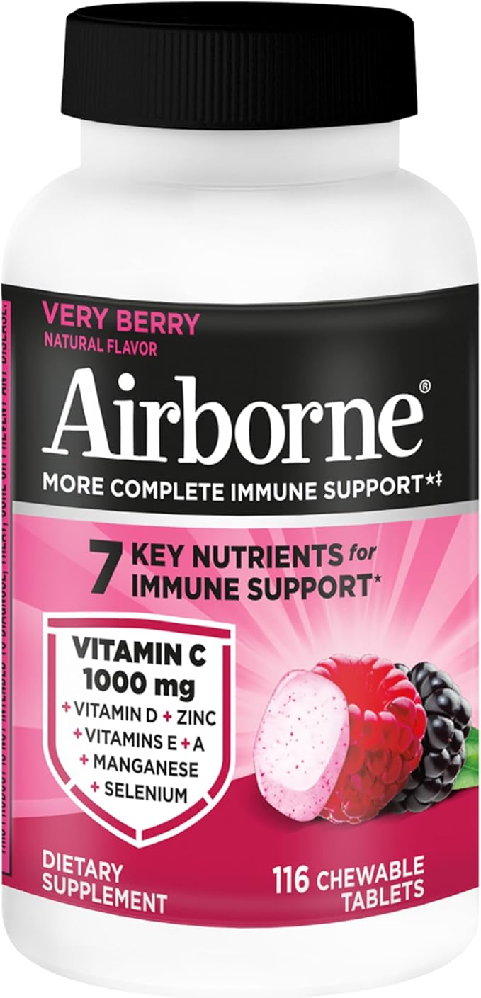 Airborne Vitamin C 1000mg (per Serving) - Very Berry Chewable Tablets (116 Count in a Bottle) Gluten-Free Immune Support Supplement with Vitamins A C E Zinc Selenium Ginger Antioxidants