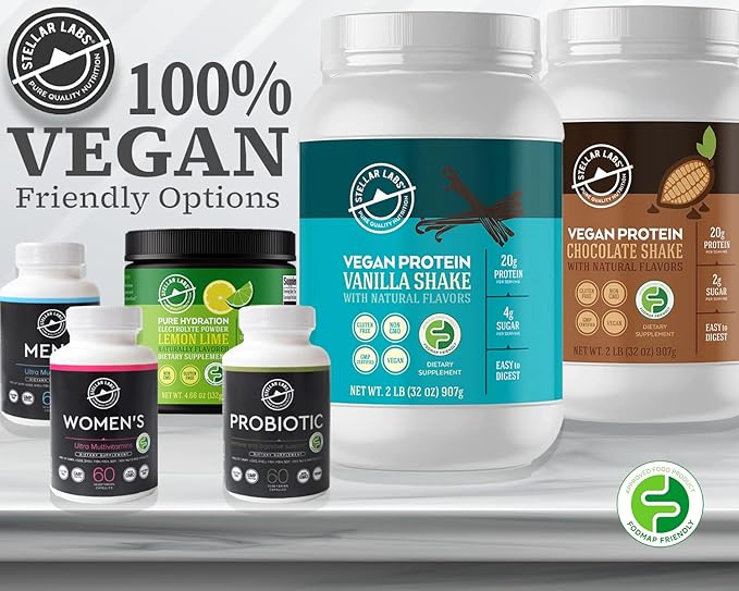 Stellar Labs Vegan Protein Powder with BCAA's &amp Antioxidants | Certified Low FODMAP Non GMO Gluten Free Soy Free Low Carb with Stevia | Lean Plant Based Protein Powder Shakes | Chocolate