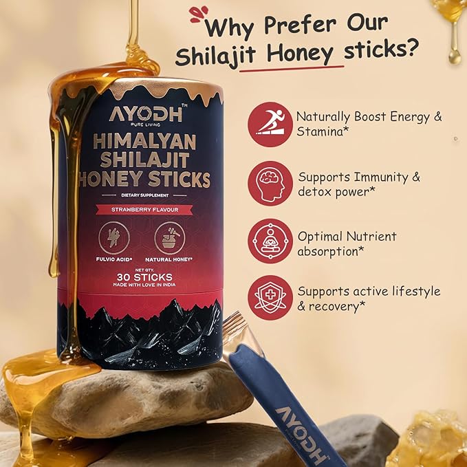 Himalayan Shilajit Honey Sticks with Natural Honey Strawberry Flavor – 30 Count 75%+ Fulvic Acid 85+ Trace Minerals Easy Single-Use Energy &amp Immunity Support