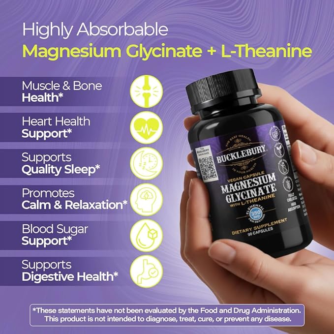 Bucklebury Magnesium Glycinate Capsules with L-Theanine 350mg - Advanced Formula for Stress Relief Muscle &amp Bone Health Support - Magnesium Glycinate Supplements for Women &amp Men - Vegan 90 Co