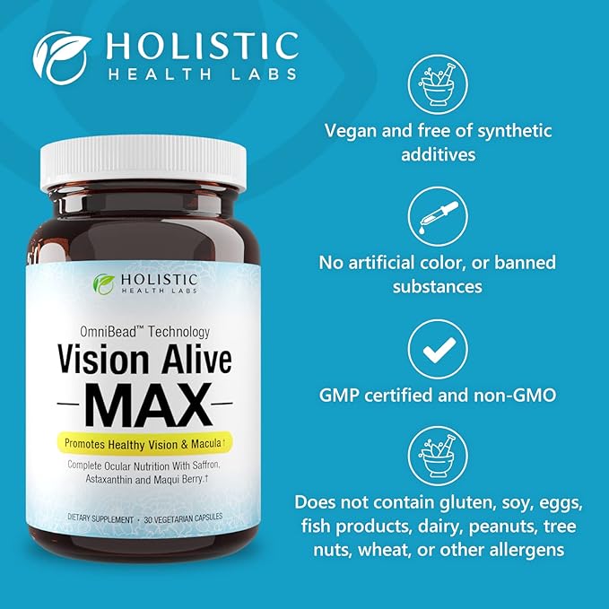 Holistic Health Labs Vision Alive Max with 8 Natural Ingredients Lutemax® 2020 Bilberries Blueberries c3g from Black Currant Maqui Berry Saffron and Astaxanthin (30 Count (Pack of 3))