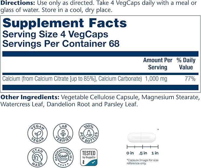 Solaray Calcium Citrate 1000mg - Chelated Calcium Supplement - Supports Bone Strength and Healthy Teeth - Easy to Digest - 60-Day Guarantee Vegan - 68 Servings 275 VegCaps