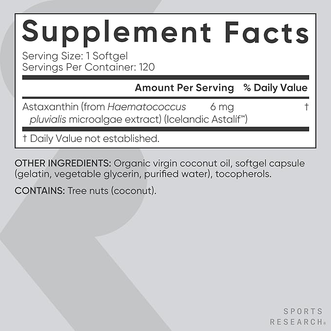 Sports Research Astaxanthin Supplement from Algae - Softgels for Antioxidant Activity Skin &amp Eye Health Support - Made with Coconut Oil Non-GMO Verified &amp Gluten Free - 6mg 120 Count
