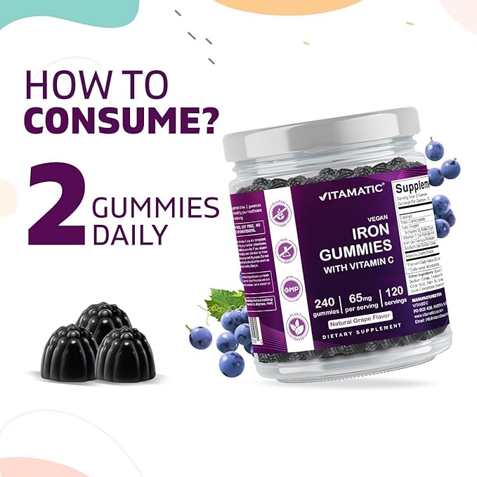 Vitamatic Iron 65 mg Gummies Supplement for Women &amp Men - 240 Vegan Gummies - Great Tasting Iron Gummy Vitamins with Vitamin C