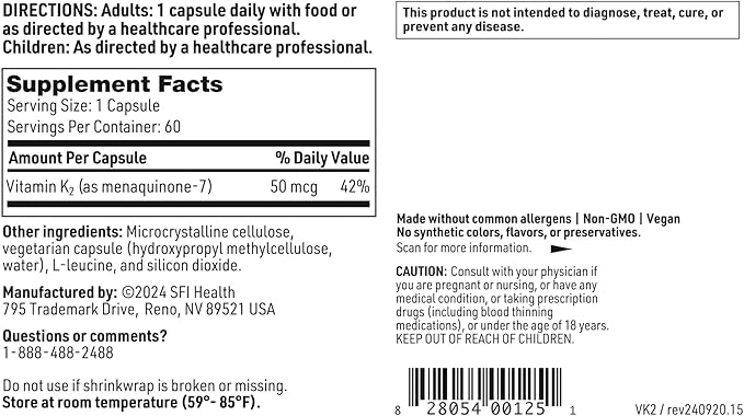 Klaire Labs SFI Health Vitamin K2-50 Micrograms as Menaquinone-7 MK-7 No Soy Gluten or Dairy (60 Capsules)