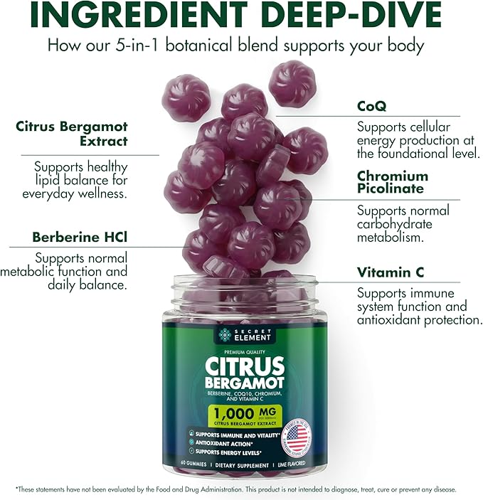 Citrus Bergamot 1000MG Gummies for Women and Men Citrus Bergamot Extract with Berberine CoQ10 Chromium &amp Vitamin C Metabolic &amp Antioxidant Support Sugar Free Vegan Lime Flavor 60 Gummi