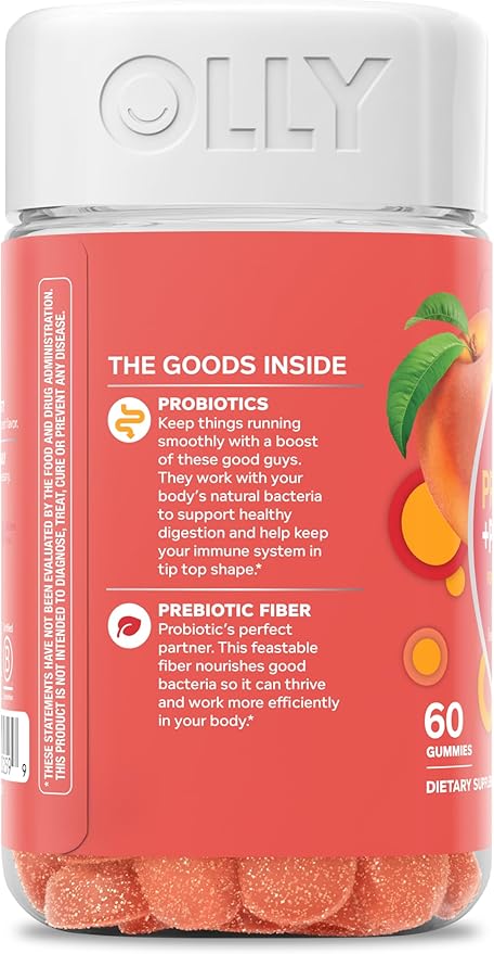 OLLY Probiotic + Prebiotic Gummy Digestive Support and Gut Health 500 Million CFUs Fiber Adult Chewable Supplement for Men and Women Peach 60 Day Supply - 60 Count
