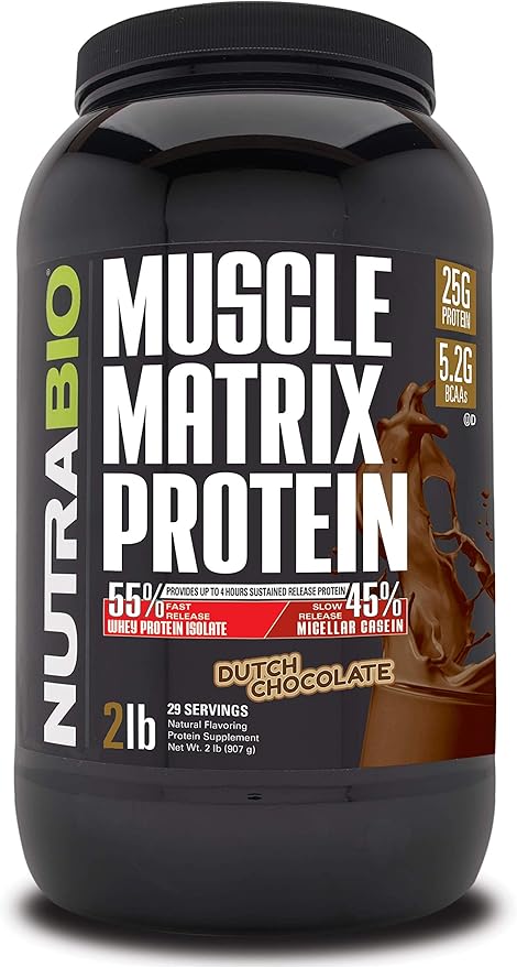 NutraBio Muscle Matrix Protein Powder - 25g of Protein Per Scoop - Whey Isolate and Micellar Casein Combo for Fast and Slow Release - Dutch Chocolate - 2 Pounds 28 Servings