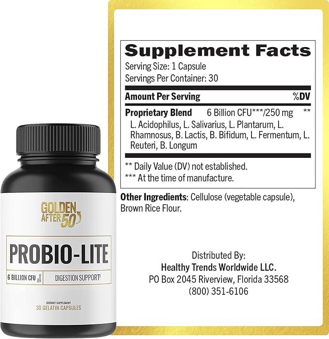 Golden After 50 Probio-Lite - for Gut Health and Digestion Support - Probiotics for Men and Women - 30 Gelatin Capsules - Probiotics for Occasional Heartburn Gas Indigestion