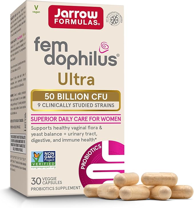 Jarrow Formulas Fem-Dophilus Vaginal &amp Digestive Probiotic 50 Billion CFU 9 Clinically-Studied Strains for Vaginal Flora &amp Yeast Balance Urinary Tract Digestive &amp Immune Support 30 C