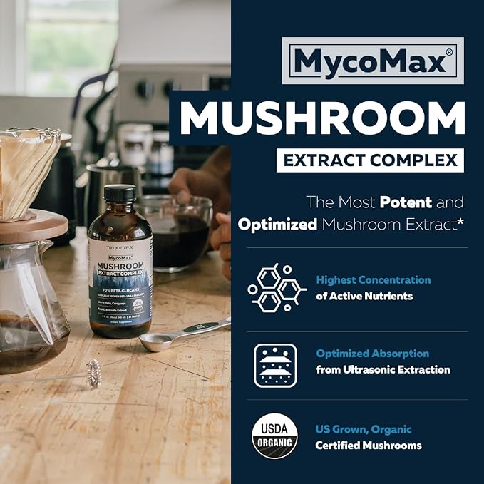 MycoMax Mushroom Complex - 70% Beta Glucans Max Potency Mushroom Supplement US Grown + Ultrasonic Extraction - Lions Mane Cordyceps Reishi &amp More - Promotes Cognition Immunity Energy - 8 oz.