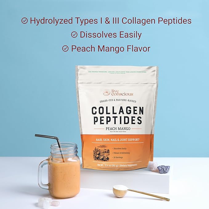 Live Conscious Collagen Peptides Powder - Peach Mango Flavored Collagen Powder - Hair Skin Nail &amp Joint Support - Type I &amp III Grass-Fed Collagen Supplements for Women and Men - 30 Servings