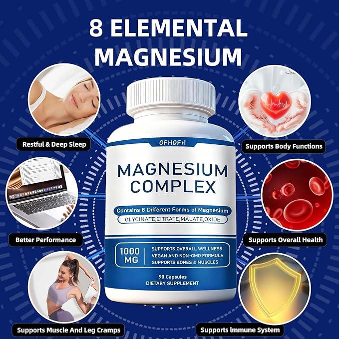 Magnesium Complex Supplement 8 Elemental 1000mg - Magnesium Glycinate Citrate Malate Oxide | Easy Absorption for Bones Muscle Energy Vegan Non-GMO 90 Capsules (1pc)