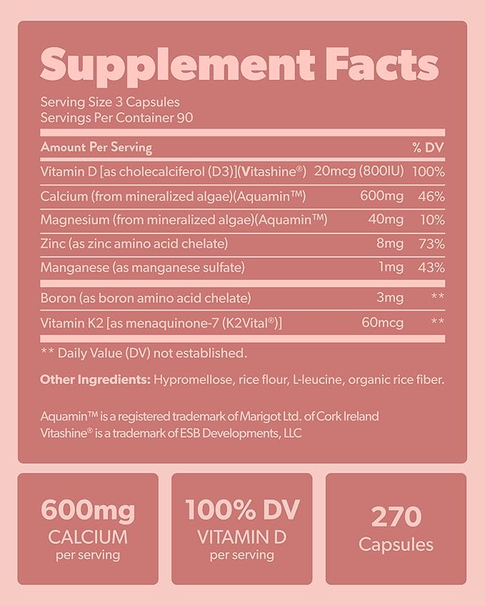 Calcium Supplement - Whole Food with Vitamin K2 &amp D3 Magnesium Zinc Boron Mineral Complex. Sourced Sustainably from Red Algae. for Bone Strength and Support. Non-GMO &amp Vegan (270 Count)