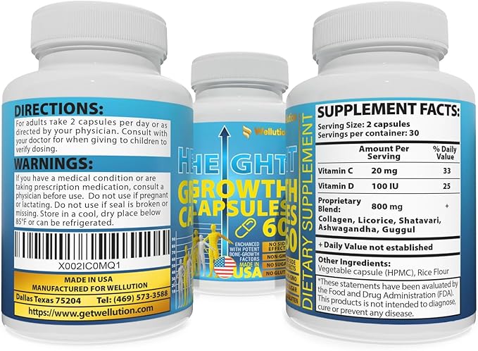 WELLUTION Bone Strength &amp Growth Support for Kids &amp Teens – Calcium Collagen Vitamin D3 &amp Herbal Blend – 60 Capsules Non-GMO Gluten-Free Made in USA