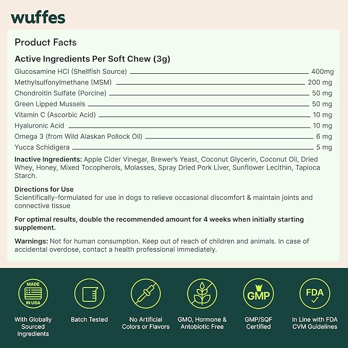 Wuffes Advanced Dog Hip and Joint Supplement with Glucosamine Chondroitin Omega 3 MSM and Green Lipped Mussel (Pack of 2 Small &amp Large Breed)