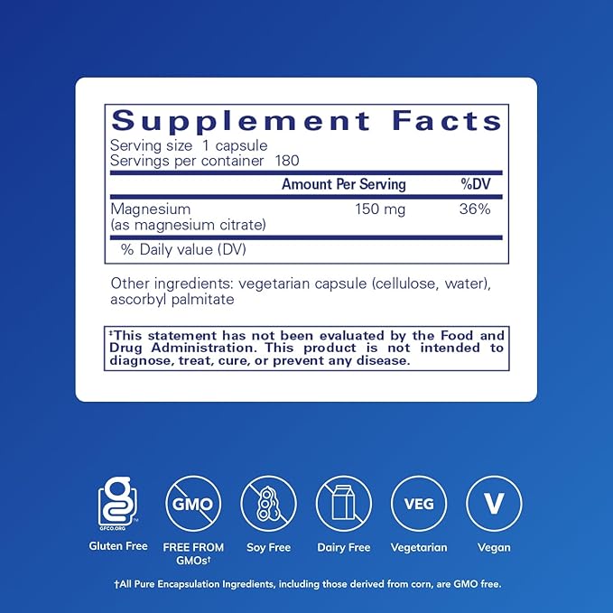 Pure Encapsulations Magnesium (Citrate) - Supplement for Sleep Heart Health Cognitive Health Bone Health Energy Muscles and Metabolism* - with Premium Magnesium - 180 Capsules