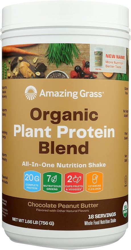 Amazing Grass Organic Plant Protein Blend: Vegan Protein Powder New Protein Superfood Formula All-In-One Nutrition Shake With Beet Root Original 18 Servings (Chocolate Peanut Butter)
