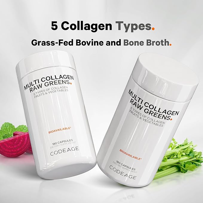 Codeage Multi Collagen Protein + Organic Raw Greens Superfood Capsules Supplement 21 Fruits &amp Veggies Grass-Fed Hydrolyzed Collagen Peptides 5 Types All-in-One 180 Count