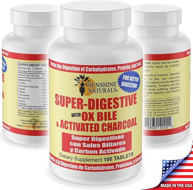Sunshine Naturals Super Digestive Supplement. Ox Bile &amp Activated Charcoal for Digestive Support Bloating Relief Gut Cleanse Nutrient Absorption and Overall Wellness. 100 Tablets. Pack of 5