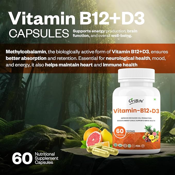Vitamin B12 + D3 Supplement – Supports Red Blood Cell Formation Energy Levels Nerve Health &amp Immune Function | 500mg Per Serving | with Alfalfa &amp Spinach Powder | Vegan Capsules | 60 Count