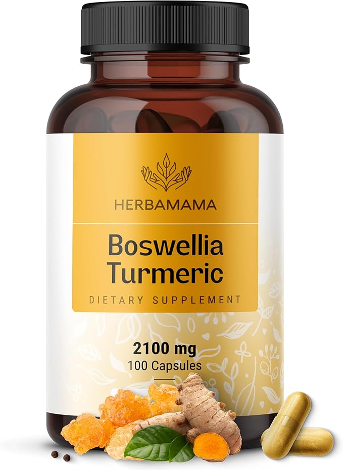 HERBAMAMA Turmeric and Boswellia Extract Capsules - 2100mg Boswellia Serrata &amp Turmeric Complex with Black Pepper Extract - Vegan Non-GMO 95% Curcuminoids Antioxidant Supplement 100 Caps