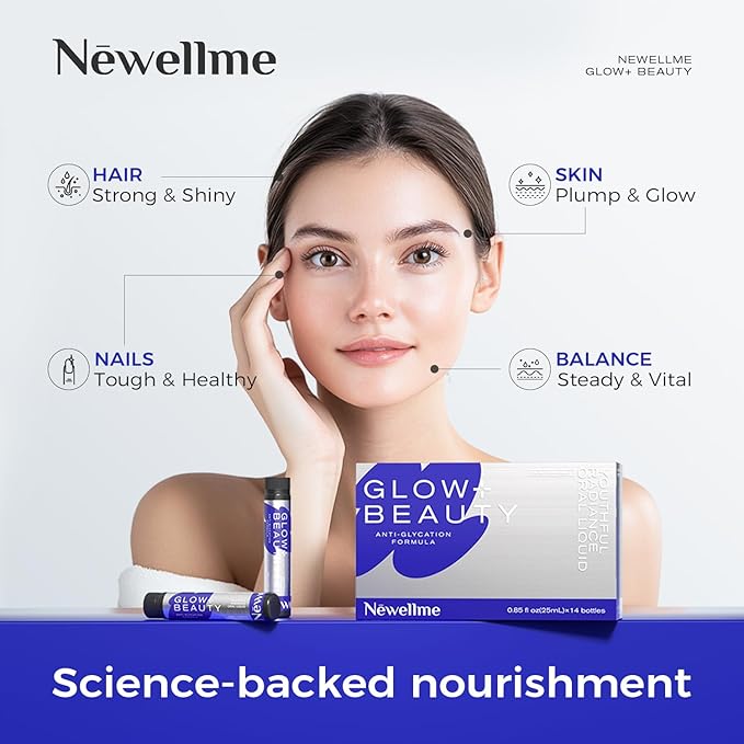 NEWELLME Glow+Beauty Collagen Drink – Liquid Beauty Supplement with Hyaluronic Acid &amp Antioxidant Complex Supports Skin Hydration Hair &amp Nail Strength 14 Bottles