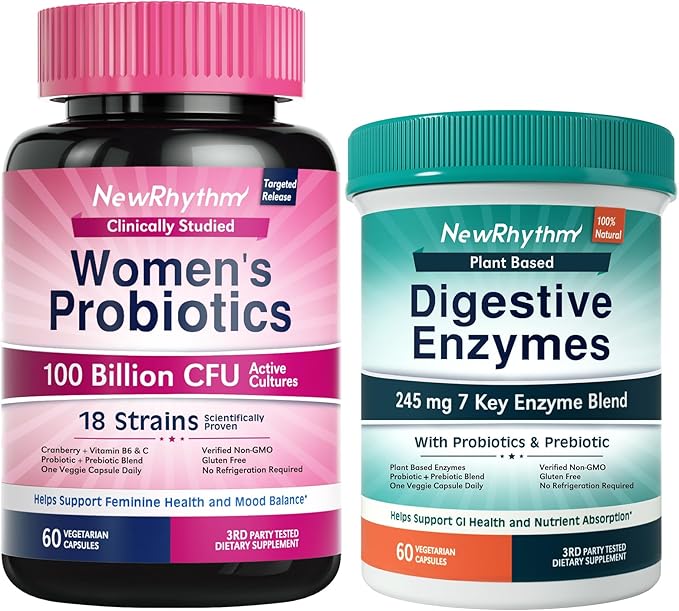 NewRhythm Digestion &amp Feminine Health Bundle Probiotics Prebiotics Digestive Enzymes Cranberry Vitamin C &amp B6 Bundle &amp Save 60 Capsules Each