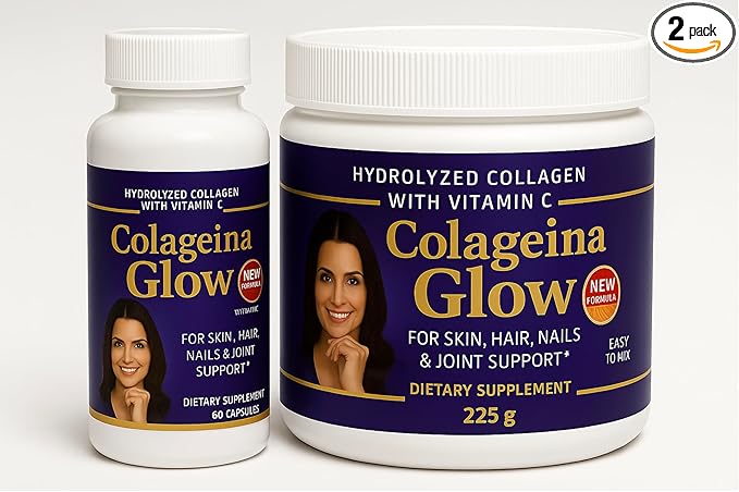 Colageina Glow Hydrolyzed Collagen with Vitamin C – 225g Powder + 60 Capsules | for Skin Hair Nails &amp Joint Support | Easy to Mix Dietary Supplement (New Formula) Pack 2