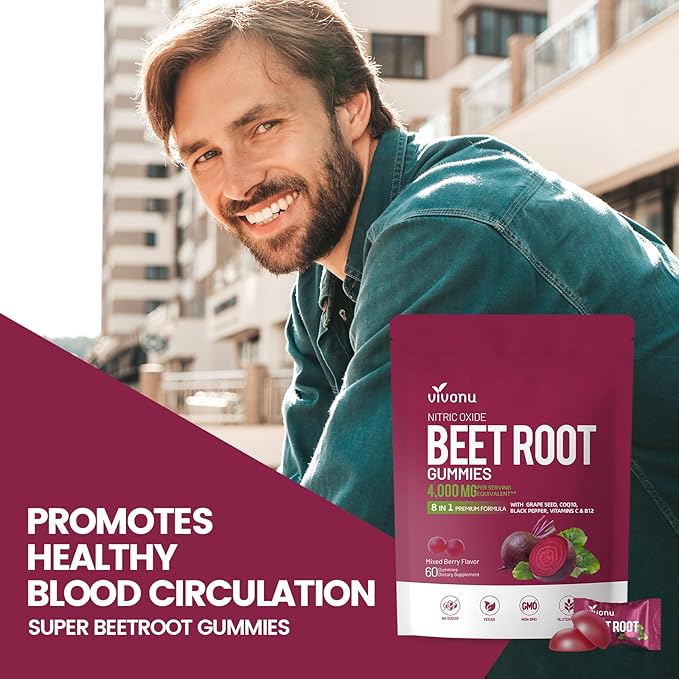 VivoNu Beet Root Gummies 8-in-1 Premium Energy Supplement with CoQ10 Beetroot Extract Grape Seed Extract Black Pepper Extract Vitamins C &amp B12 L-Arginine &amp L-Citrulline