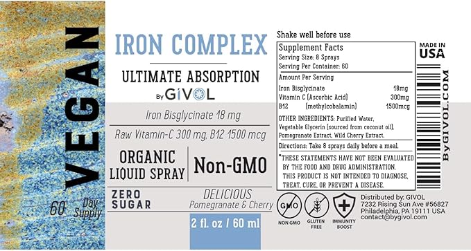 Iron Supplement - 18mg Bisglycinate Complex with Vitamin C &amp B12 Liquid Spray Easy Absorption - Non-GMO Sugar-Free 2 Fl Oz (60 ml) - 60 Days Supply