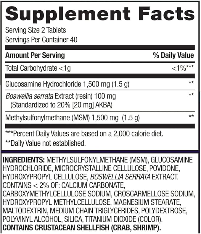 Equate Triple Strength Glucosamine HCI 1500mg + MSM 1500mg + Boswellia Extract Tablets 80 Count Sticker