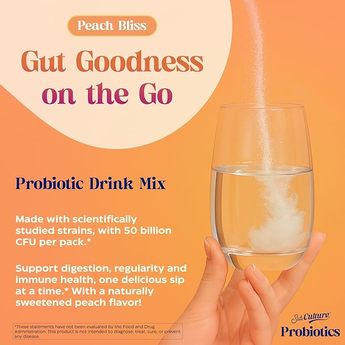 Enzymedica SubCulture Peach Bliss Probiotic Powder Daily Drink Supports Gut Health &amp Immune Function Probiotics for Women and Men Sugar-Free 20 Stick Packs