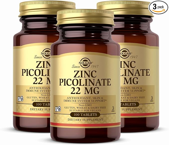 Solgar Zinc Picolinate 22 mg 100 Tablets (Pack of 3) - Promotes Healthy Skin - Supports Immune System Normal Taste &amp Vision - Antioxidant - Non-GMO Vegan Gluten Free Kosher - 300 Total Servin