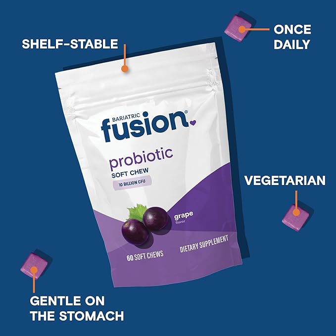 Bariatric Fusion Probiotic Soft Chews | Grape Flavor Chewy Bariatric Vitamin | 10 Billion CFU | Bacillus Coagulans | Support Digestive &amp Immune Health | 60 Count
