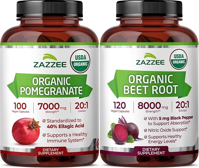 Zazzee Organic Anti Aging Healthy Heart Support Bundle | Antioxidant Rich USDA Organic Beet Root Extract Plus Pomegranate Extract Capsules | Non-GMO Vegan &amp ISO Lab Tested