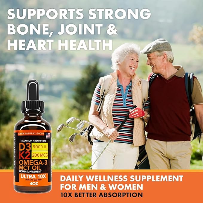 Vitamin D3 K2 Liquid Drops 5000 IU (4oz) Maximum Strength Vitamin D K MCT Oil &amp Omega 3 Bone Heart Joint Muscle Support Supplement. Fast Absorption Formula. 4 in 1 Complex Formula Non-GMO