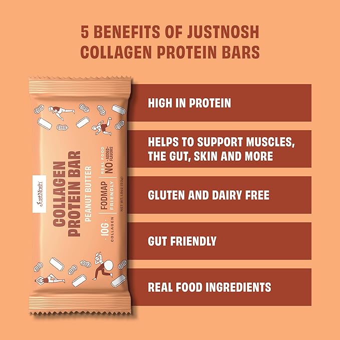JUSTNOSH Peanut Butter Collagen Protein Bars – 16g Protein 10g Collagen | Gluten &amp Dairy Free Low FODMAP Seed Oil Free (12 Pack)
