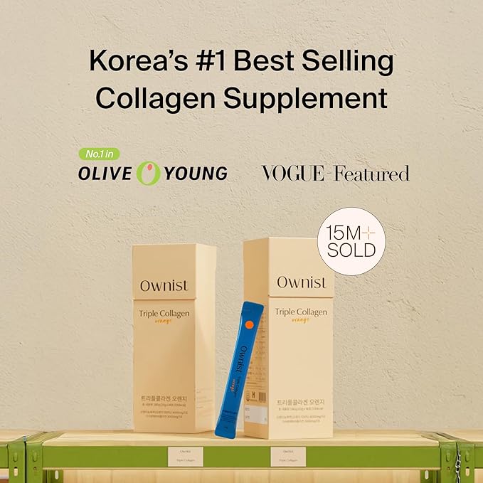 Ownist Triple Collagen Liquid Packets On-The-Go - Peptides with Hydrolyzed Marine Collagen Elastin Hyaluronic Acid and Vitamin for Healthy Skin - Orange Flavor - 14 Individual Stick Packs