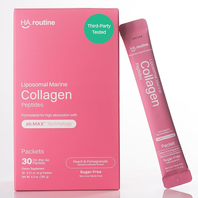 Liposomal Marine Collagen Powder Packets 2100mg Sugar-Free Flavored Powder 190mg Vitamin C for Skin Hair and Nails Supports Joint Health - 30 Packets Peach Pomegranate Flavor